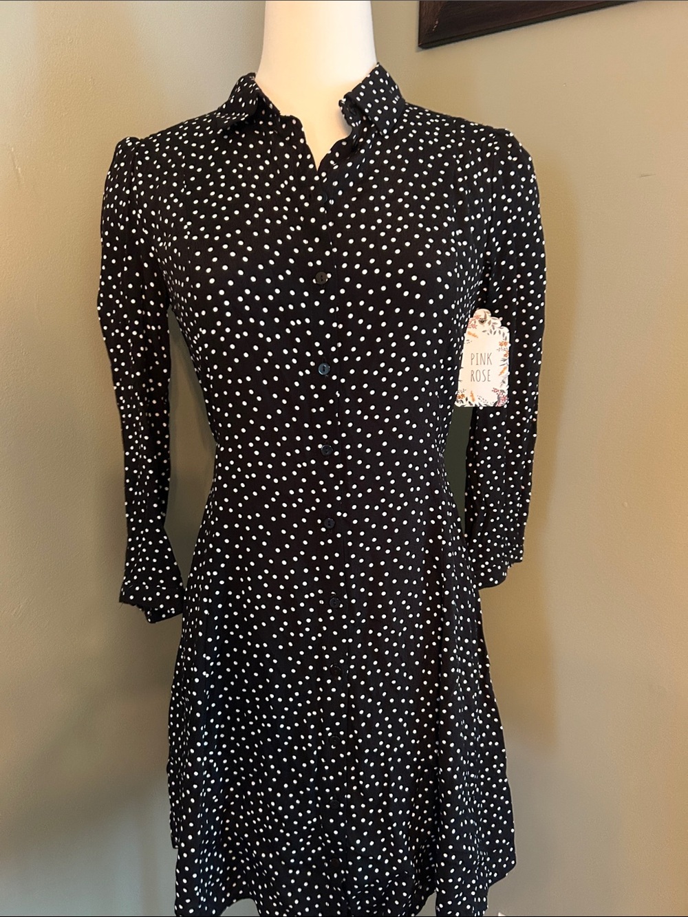 Pink Rose Black & White Polka Dot Long-Sleeve Shirt Dress